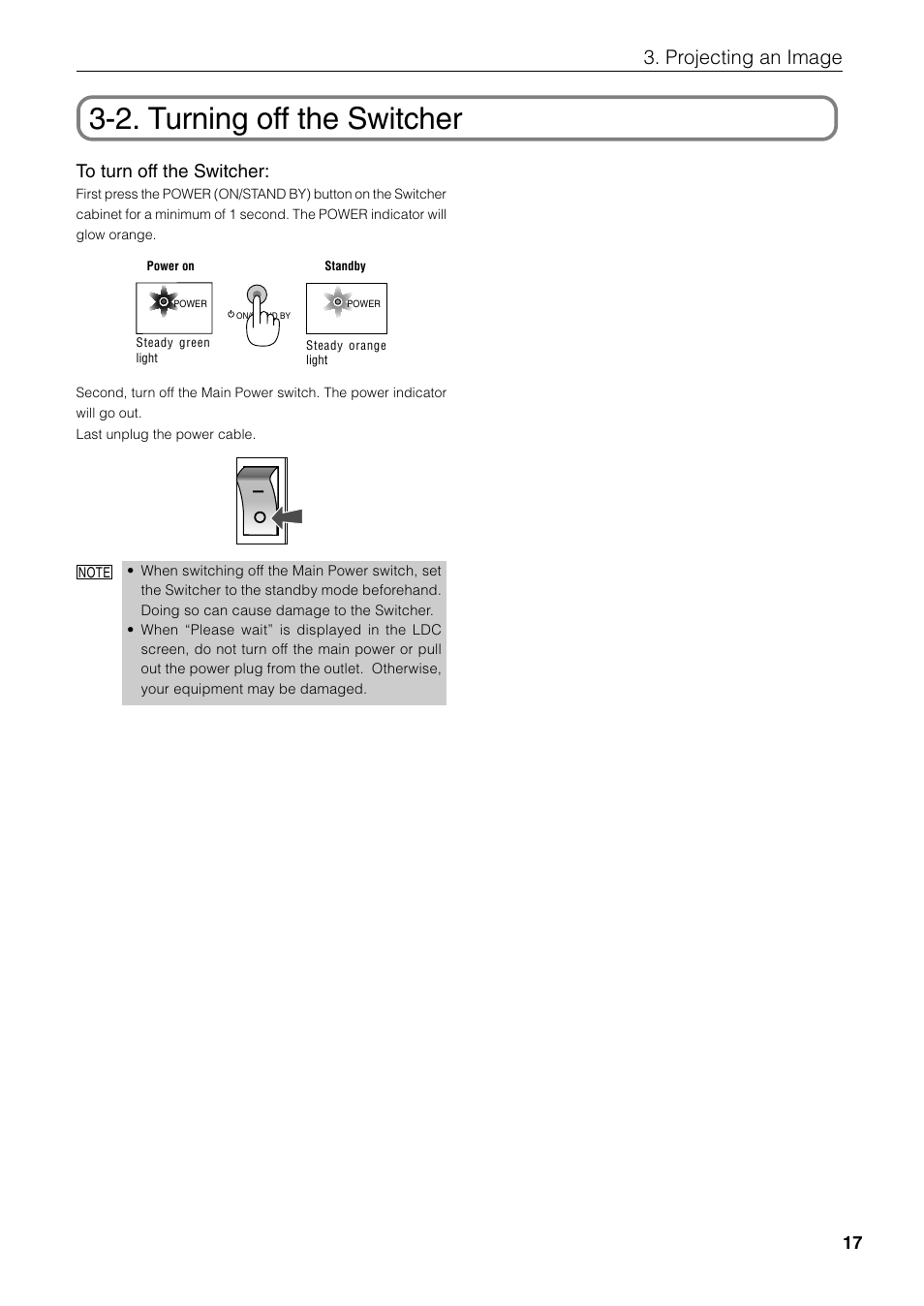 2. turning off the switcher, Projecting an image | NEC MM2000 User Manual | Page 25 / 40