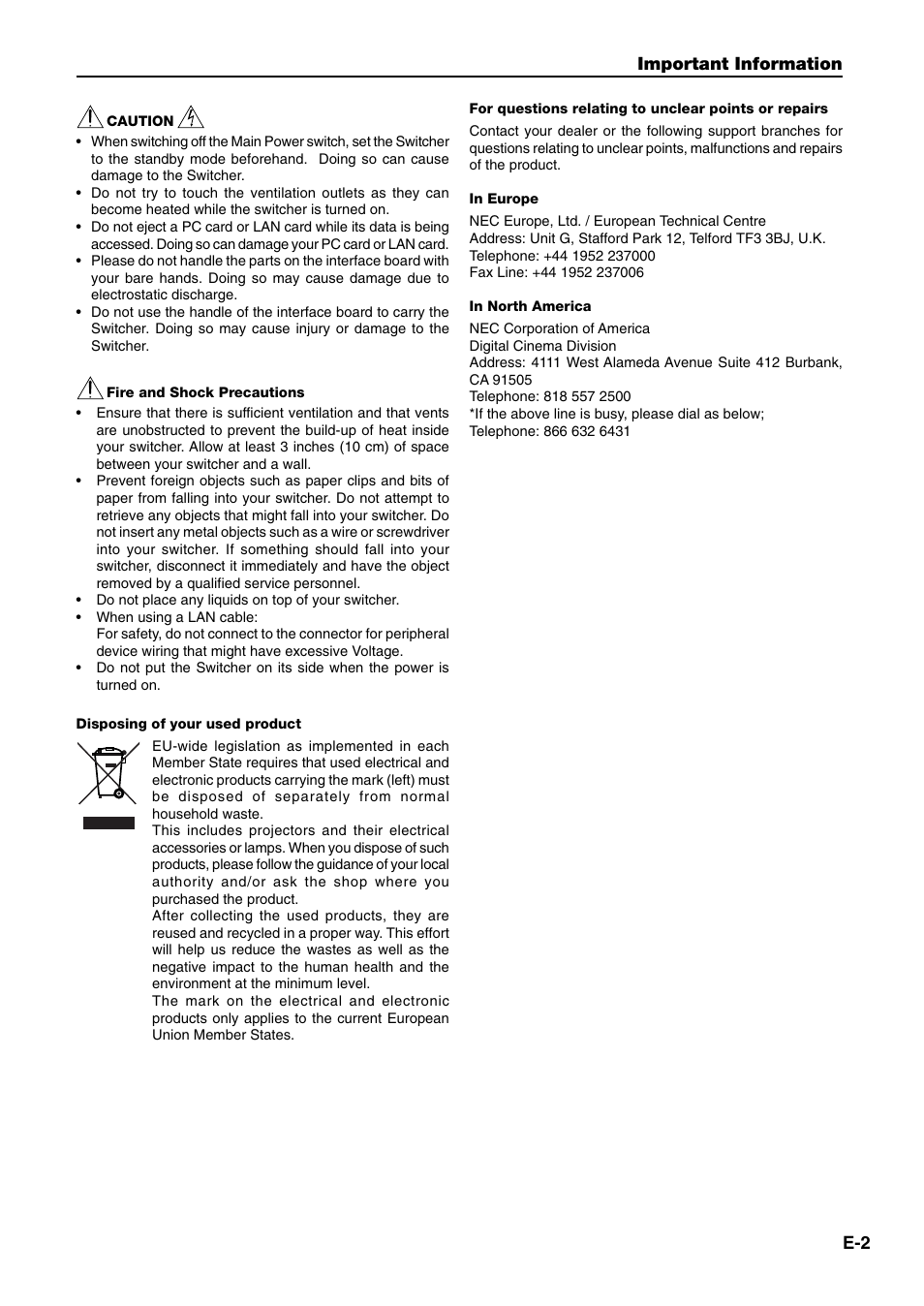 Important information | NEC MM2000 User Manual | Page 3 / 40