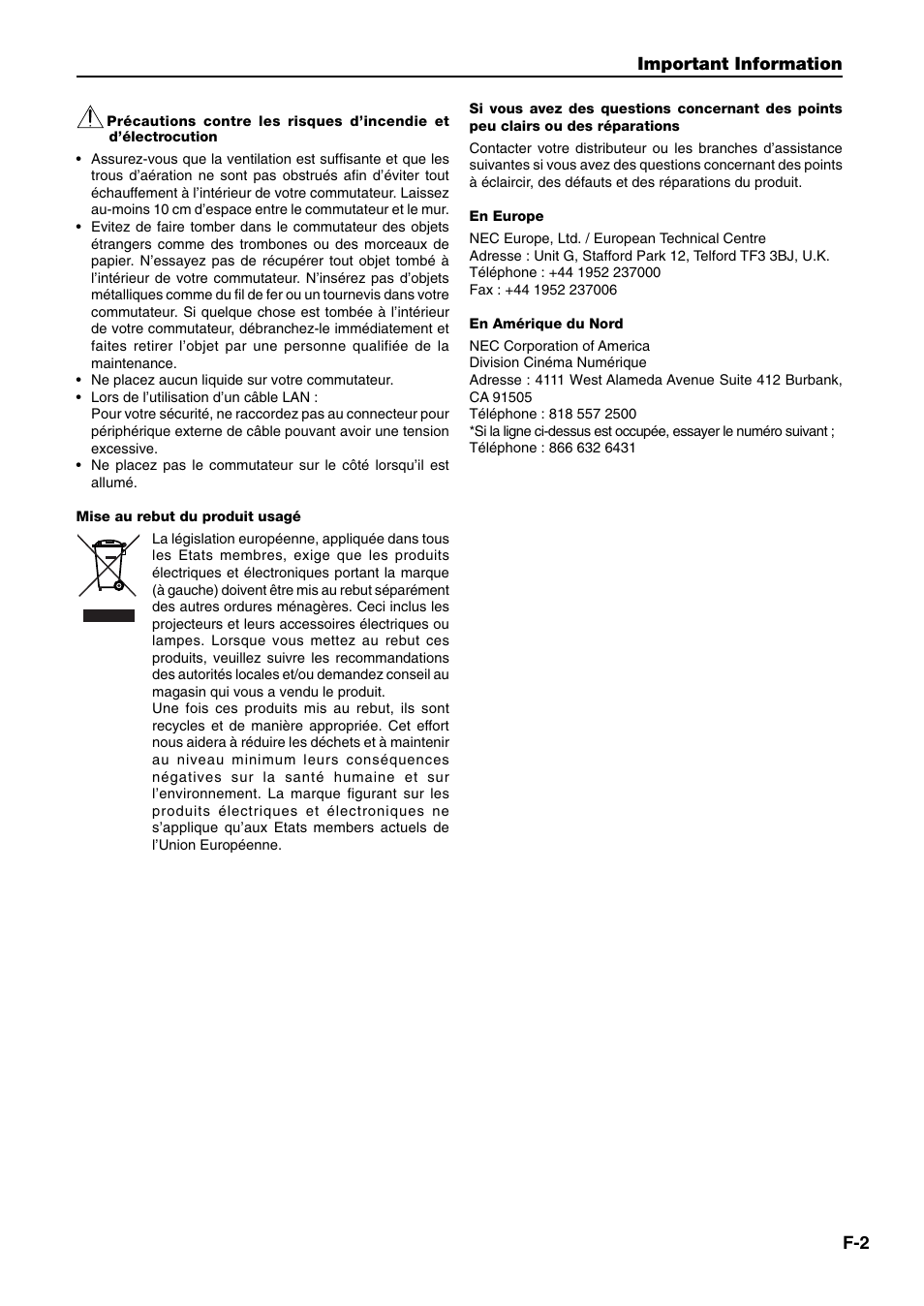 F-2 important information | NEC MM2000 User Manual | Page 5 / 40
