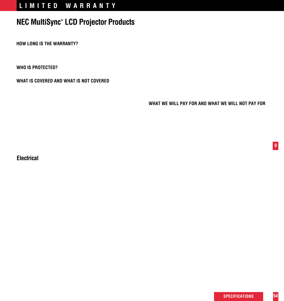 Nec multisync, Lcd projector products, Limed | Electrical | NEC MultiSync MT600 User Manual | Page 10 / 32