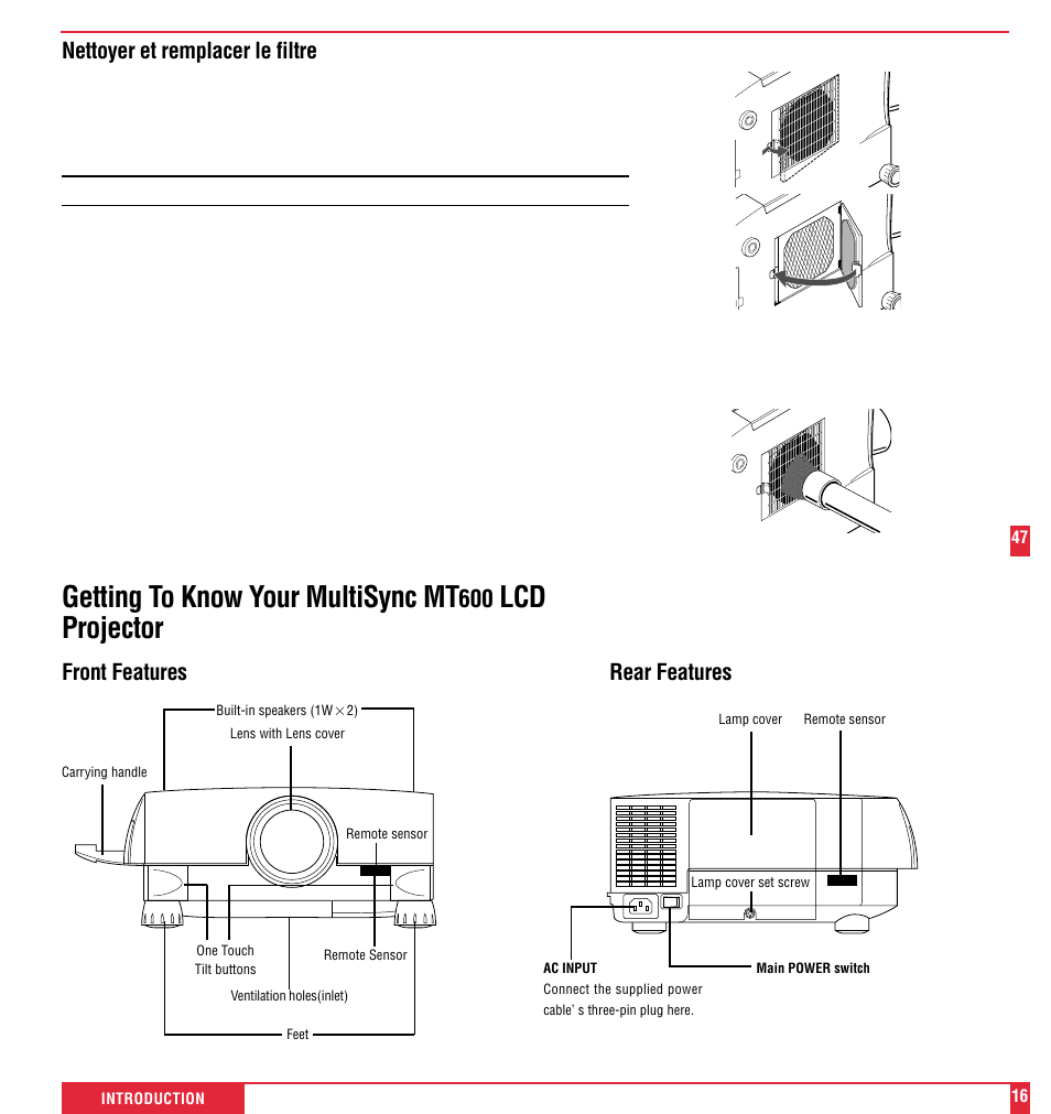 Getting to know your multisync mt, Lcd projector, Front features rear features | Nettoyer et remplacer le filtre | NEC MultiSync MT600 User Manual | Page 17 / 32