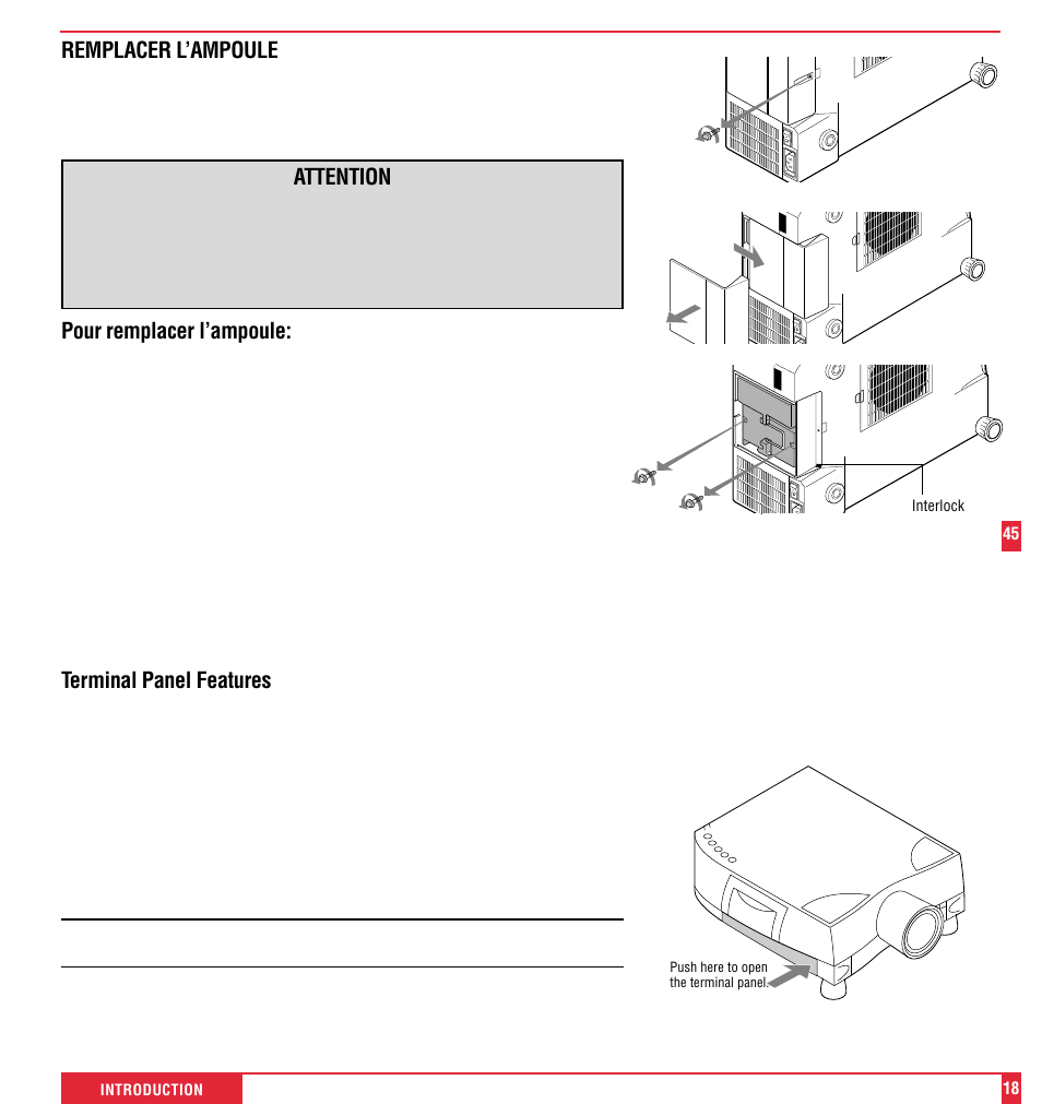 Terminal panel features, Remplacer l’ampoule, Attention | Pour remplacer l’ampoule | NEC MultiSync MT600 User Manual | Page 19 / 32