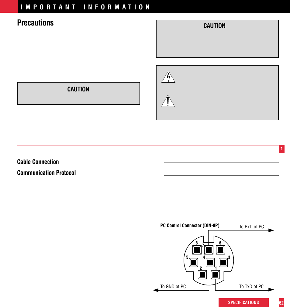 Precautions, Cable connection communication protocol, Caution | NEC MultiSync MT600 User Manual | Page 2 / 32