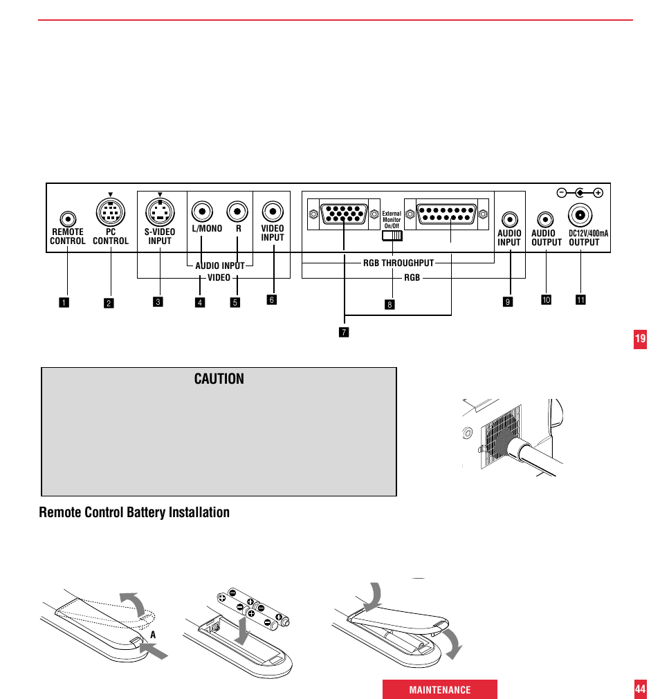 Caution, Remote control battery installation | NEC MultiSync MT600 User Manual | Page 20 / 32
