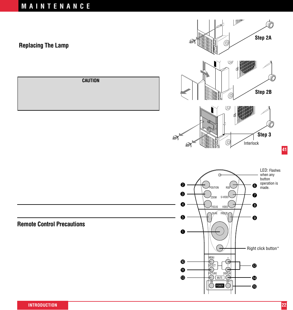 Remote control precautions, Replacing the lamp | NEC MultiSync MT600 User Manual | Page 23 / 32