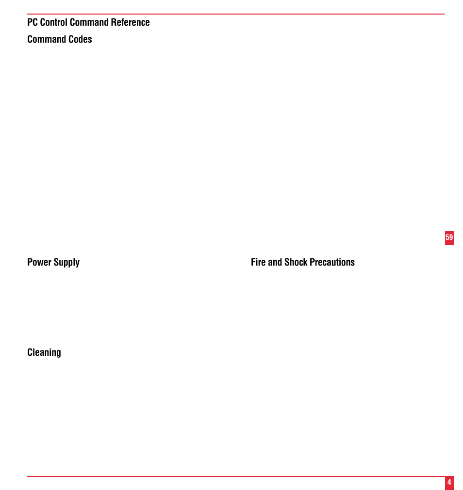 Pc control command reference command codes, Power supply, Cleaning | Fire and shock precautions | NEC MultiSync MT600 User Manual | Page 5 / 32