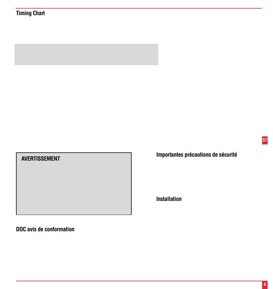Importantes précautions de sécurité, Installation, Avertissement | Doc avis de conformation, Timing chart | NEC MultiSync MT600 User Manual | Page 7 / 32