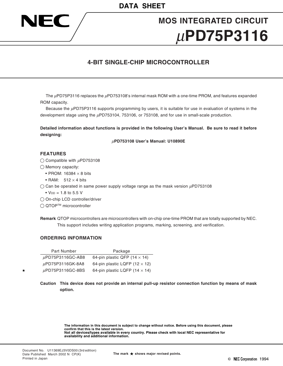NEC uPD75P3116 User Manual | 70 pages