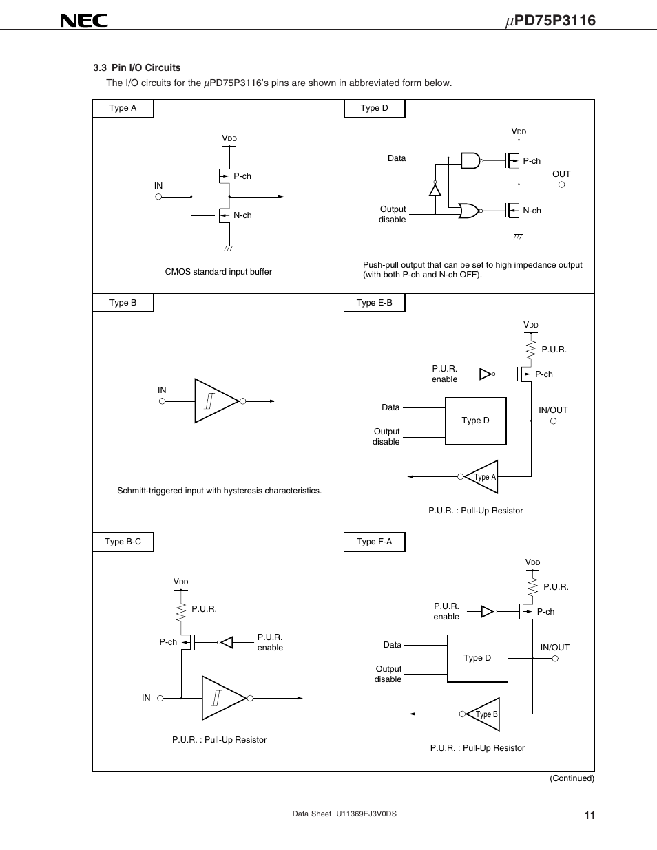 3 pin i/o circuits | NEC uPD75P3116 User Manual | Page 11 / 70