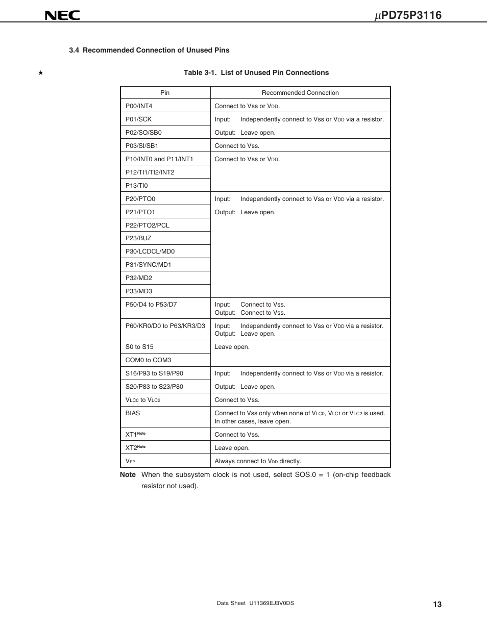 4 recommended connection of unused pins | NEC uPD75P3116 User Manual | Page 13 / 70