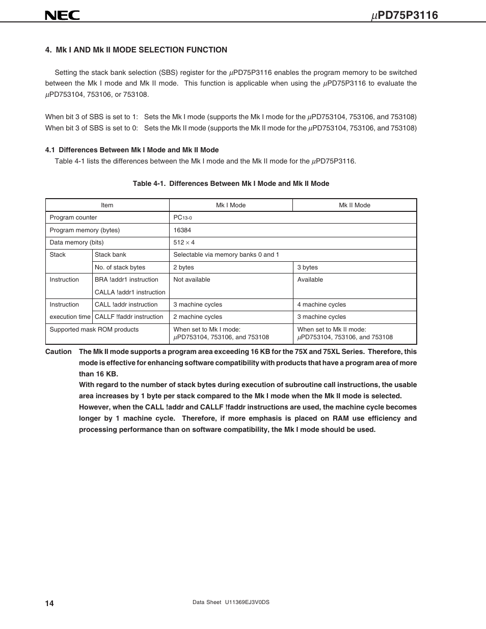 Mk i and mk ii mode selection function, 1 differences between mk i mode and mk ii mode | NEC uPD75P3116 User Manual | Page 14 / 70