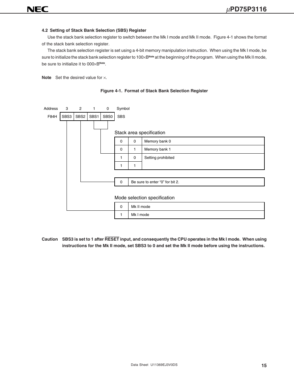 2 setting of stack bank selection (sbs) register | NEC uPD75P3116 User Manual | Page 15 / 70
