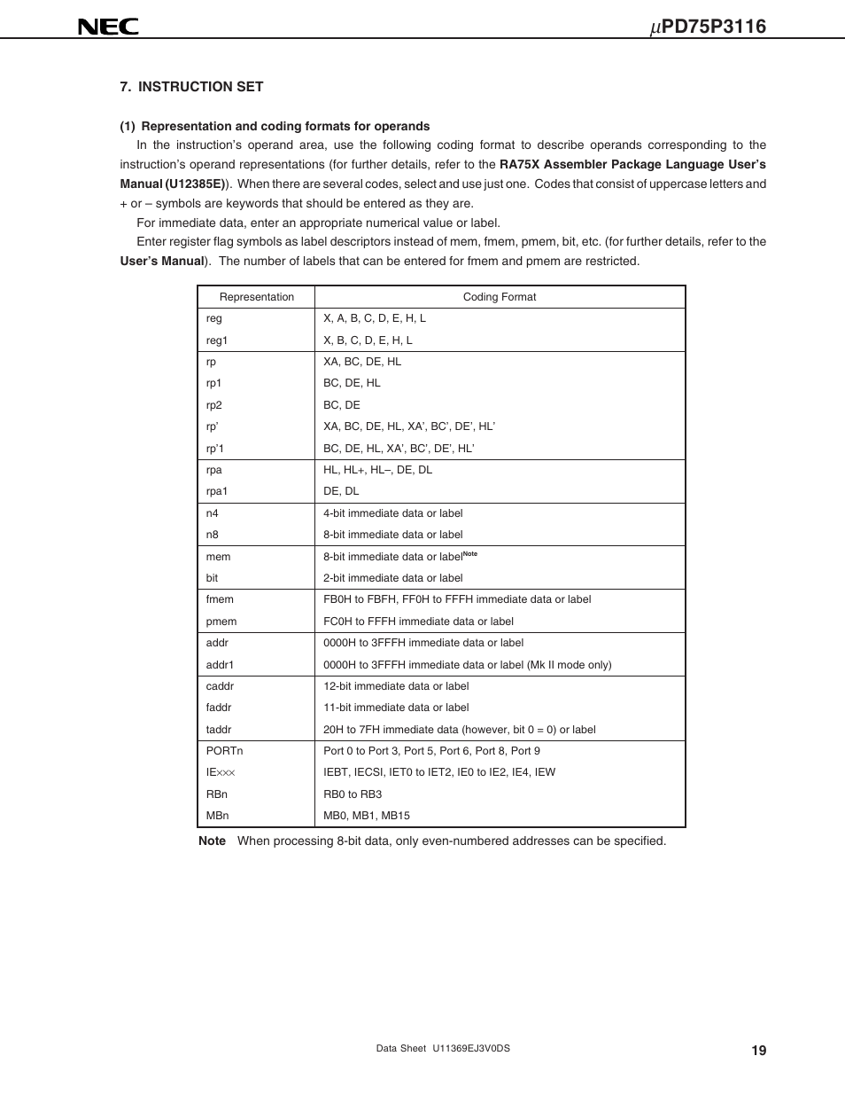 Instruction set | NEC uPD75P3116 User Manual | Page 19 / 70