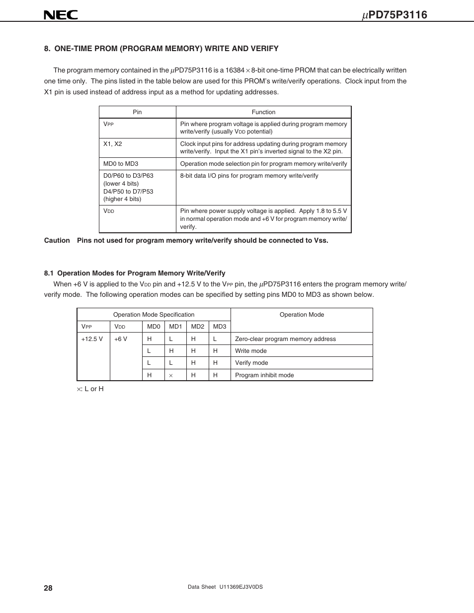 One-time prom (program memory) write and verify, 1 operation modes for program memory write/verify | NEC uPD75P3116 User Manual | Page 28 / 70