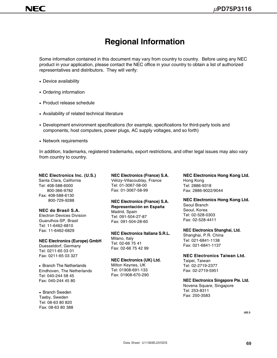 Regional information | NEC uPD75P3116 User Manual | Page 69 / 70