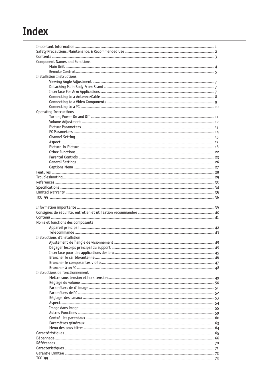 Inde, Inde index xx xx | NEC MultiSync LCD2335WXM User Manual | Page 2 / 41