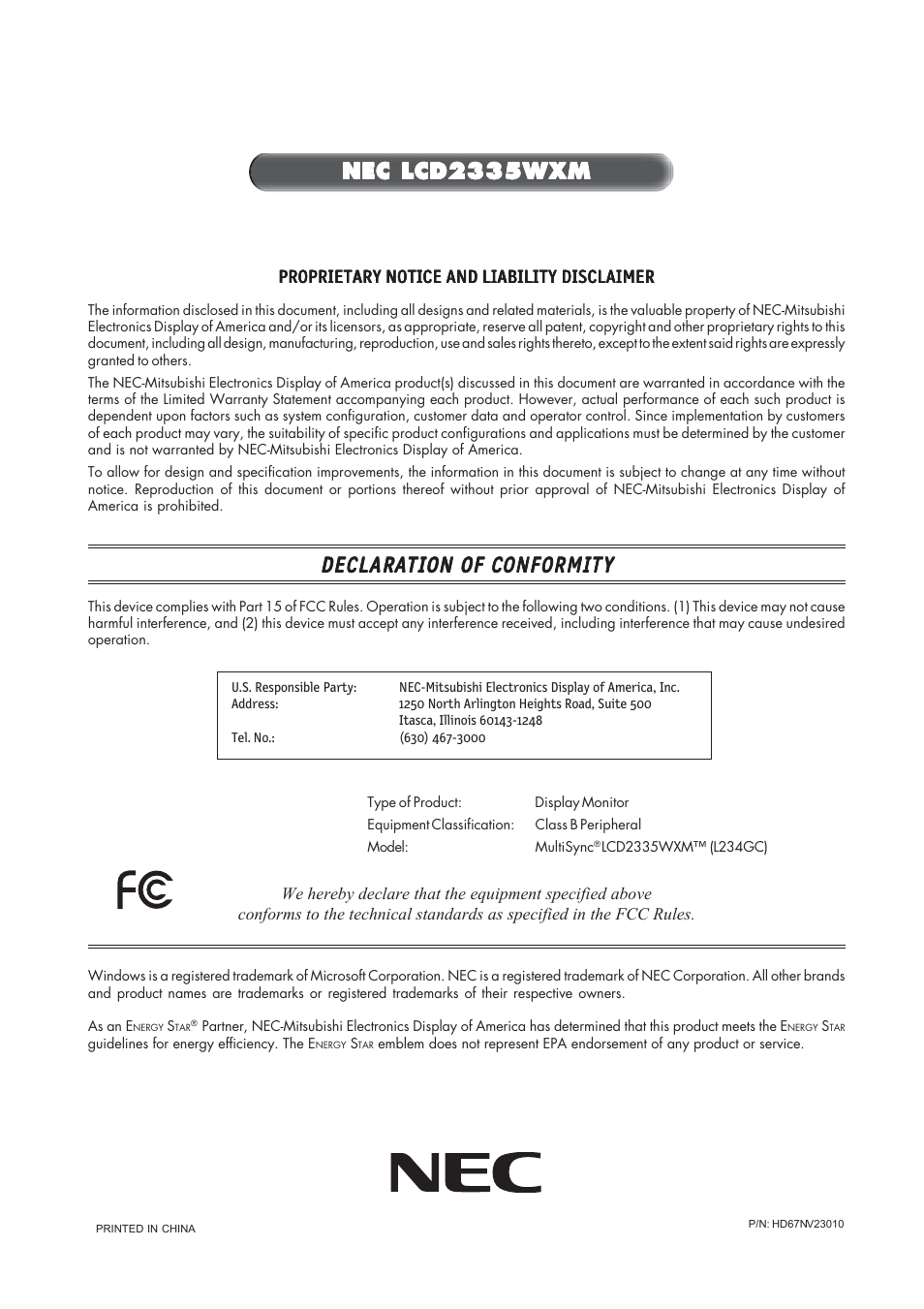 Decl, Nec lcd2335wxm | NEC MultiSync LCD2335WXM User Manual | Page 41 / 41
