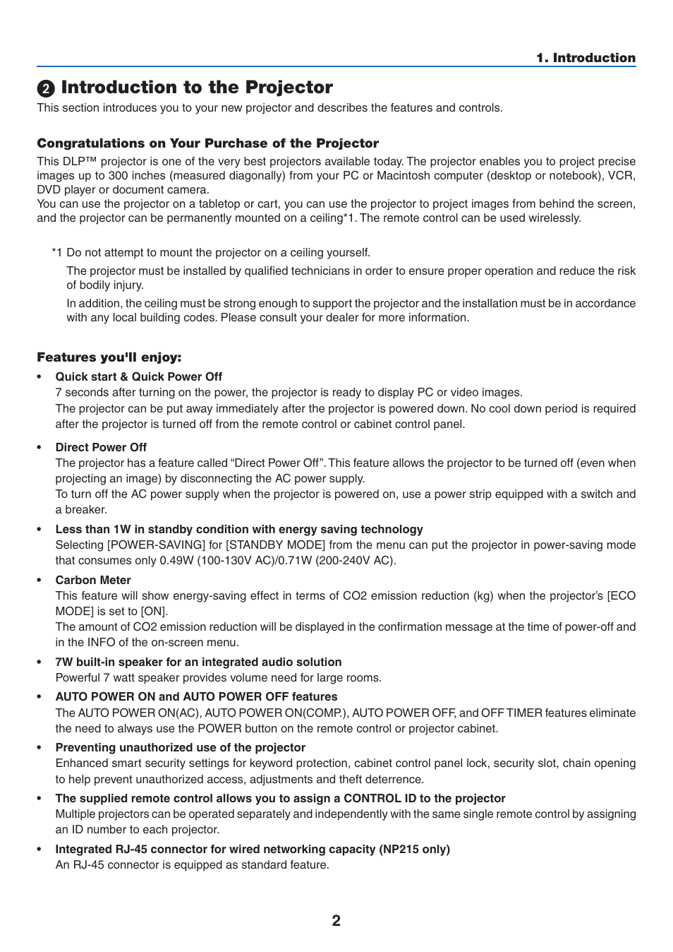 2) introduction to the projector, Congratulations on your purchase of the projector, Features you'll enjoy | Introduction to the projector | NEC NP110 User Manual | Page 11 / 92