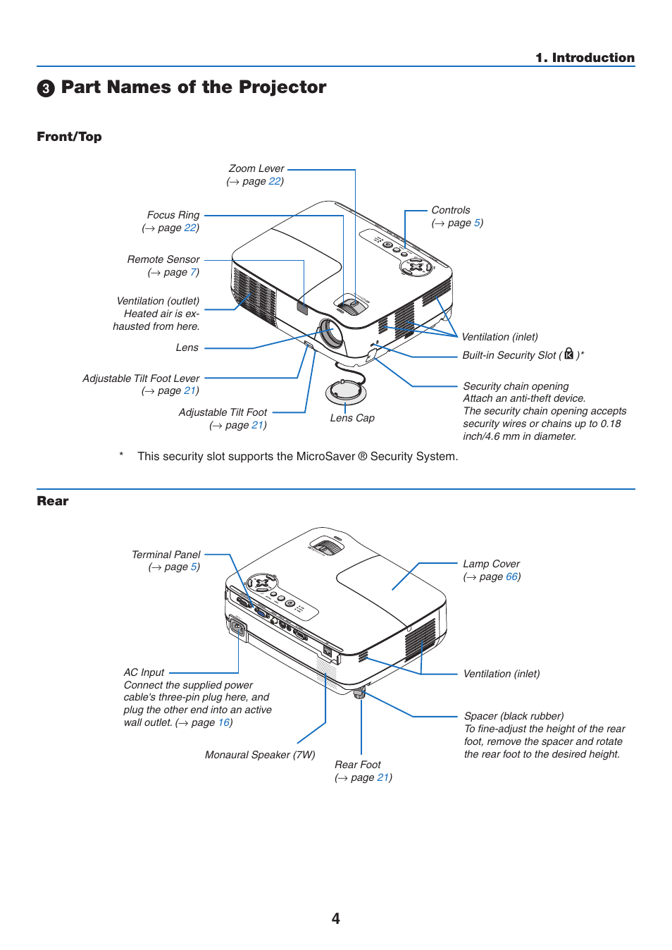 3) part names of the projector, Front/top, Rear | Part names of the projector, Front/top rear, Introduction | NEC NP110 User Manual | Page 13 / 92