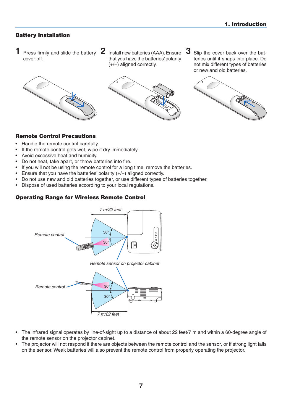 Battery installation, Remote control precautions, Operating range for wireless remote control | NEC NP110 User Manual | Page 16 / 92