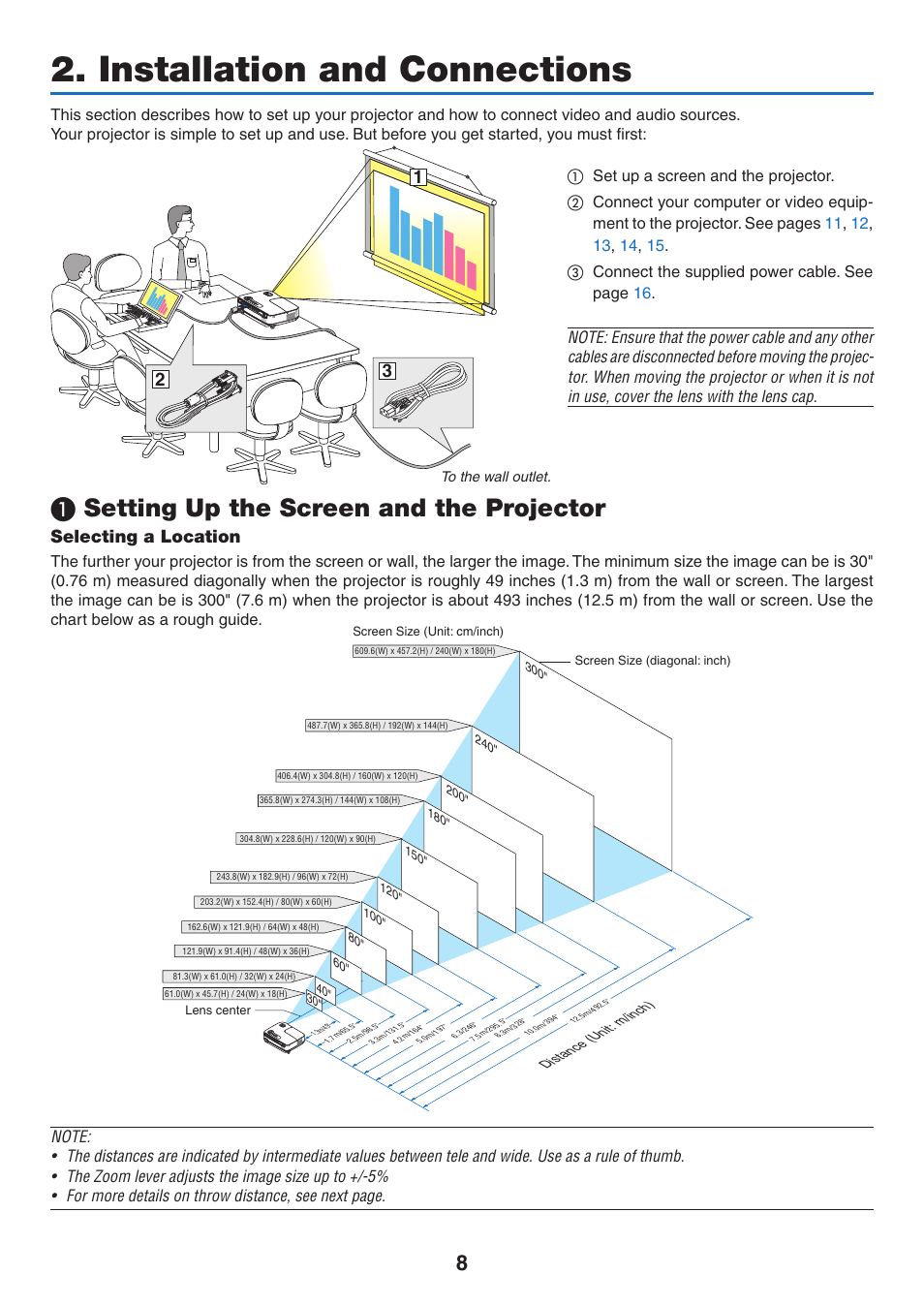 Installation and connections, 1) setting up the screen and the projector, Selecting a location | Setting up the screen and the projector | NEC NP110 User Manual | Page 17 / 92