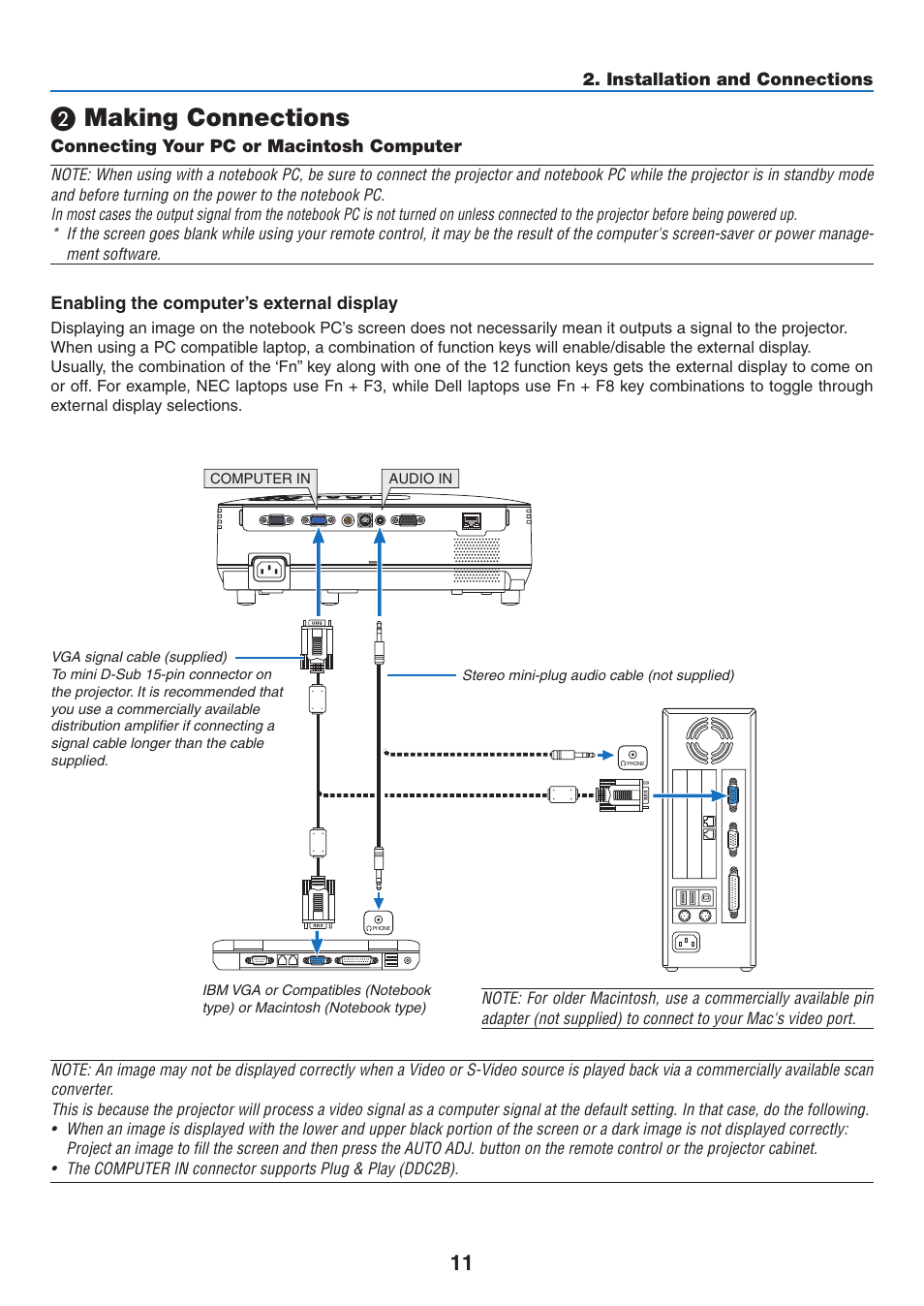 2) making connections, Connecting your pc or macintosh computer, Making connections | NEC NP110 User Manual | Page 20 / 92