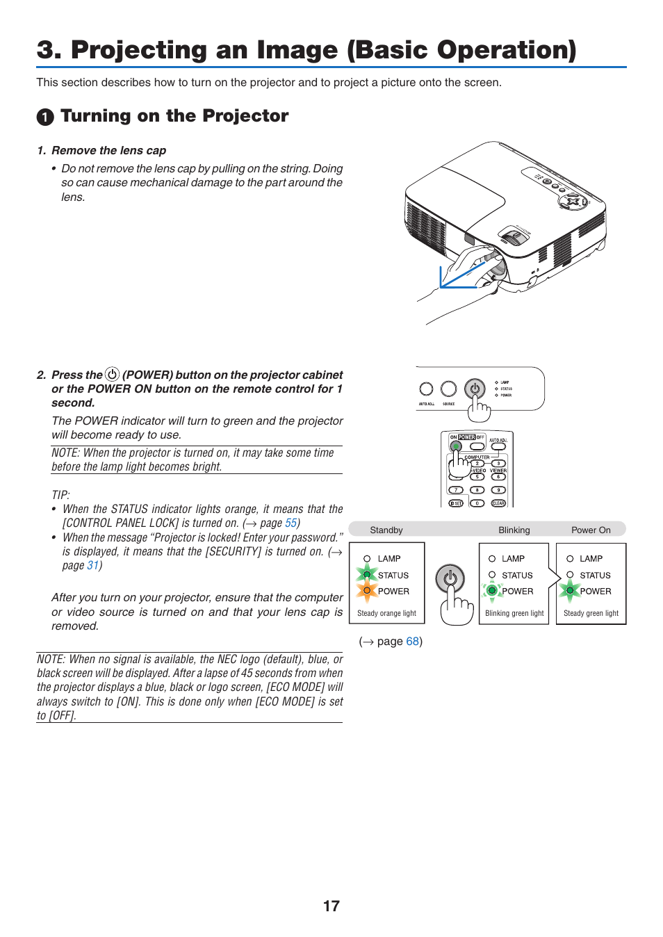 Projecting an image (basic operation), 1) turning on the projector, 1 turning on the projector | NEC NP110 User Manual | Page 26 / 92