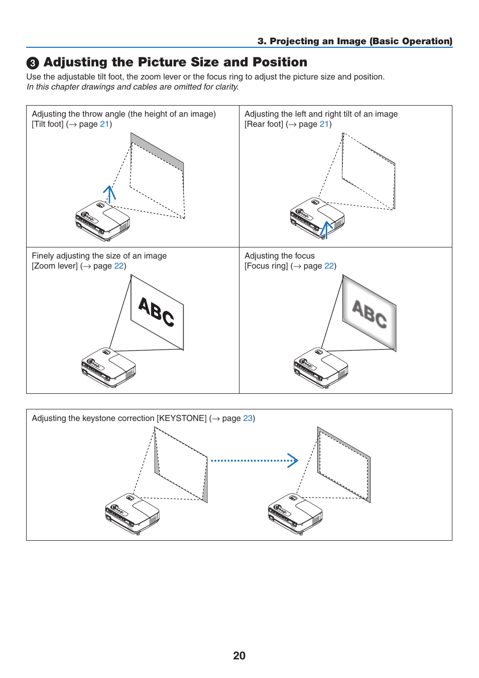 3) adjusting the picture size and position, Adjusting the picture size and position | NEC NP110 User Manual | Page 29 / 92