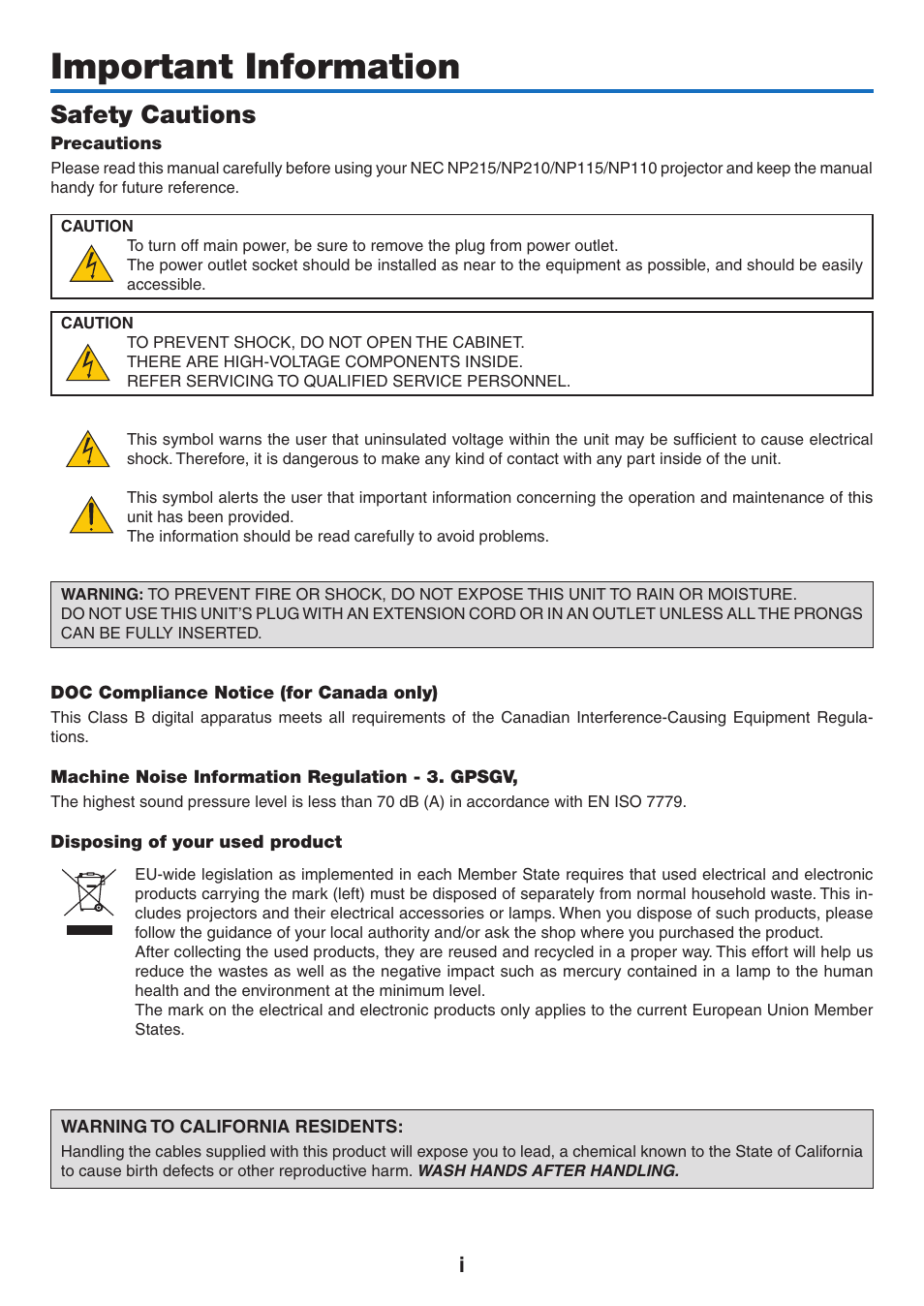 Important information, Safety cautions | NEC NP110 User Manual | Page 3 / 92