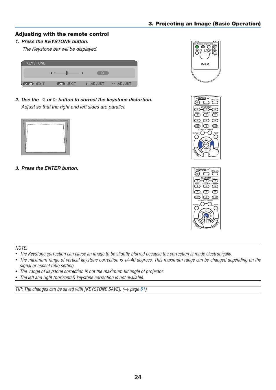 Adjusting with the remote control | NEC NP110 User Manual | Page 33 / 92