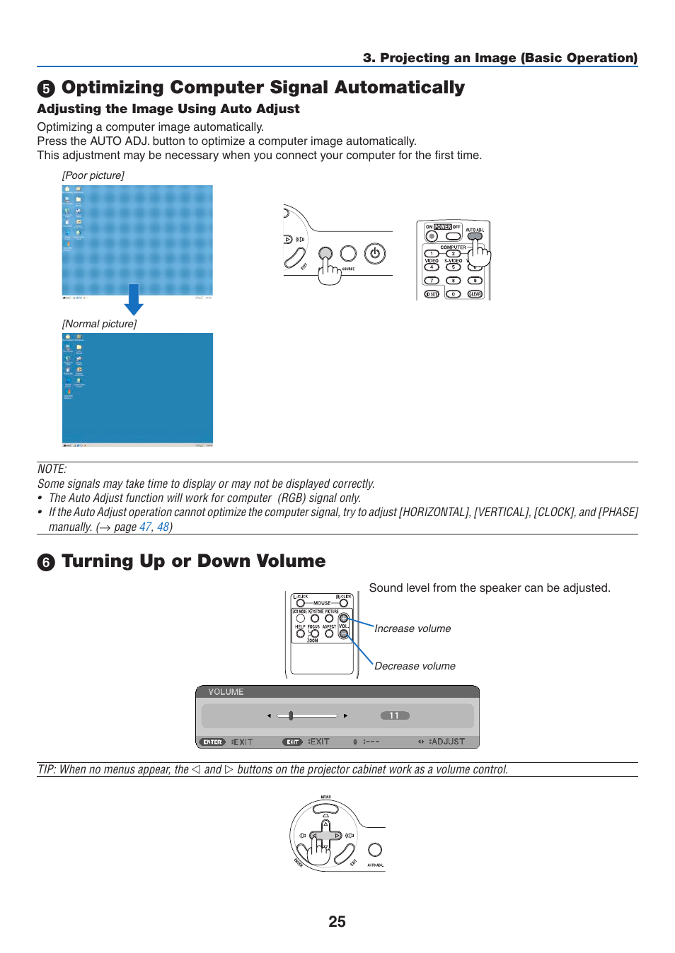 5) optimizing computer signal automatically, Adjusting the image using auto adjust, 6) turning up or down volume | Optimizing computer signal automatically, Turning up or down volume | NEC NP110 User Manual | Page 34 / 92