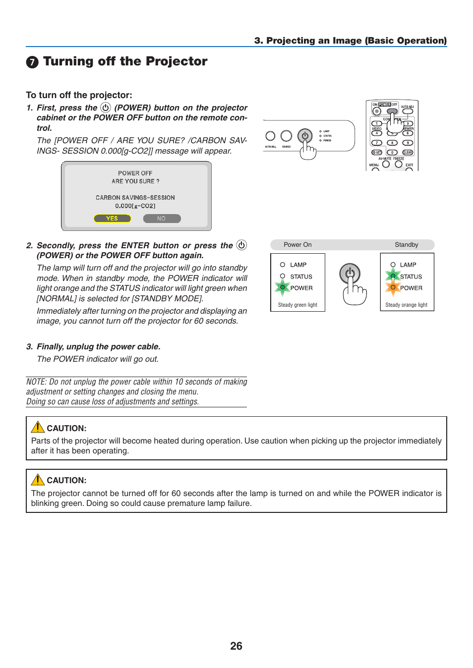 7) turning off the projector, 7 turning off the projector | NEC NP110 User Manual | Page 35 / 92