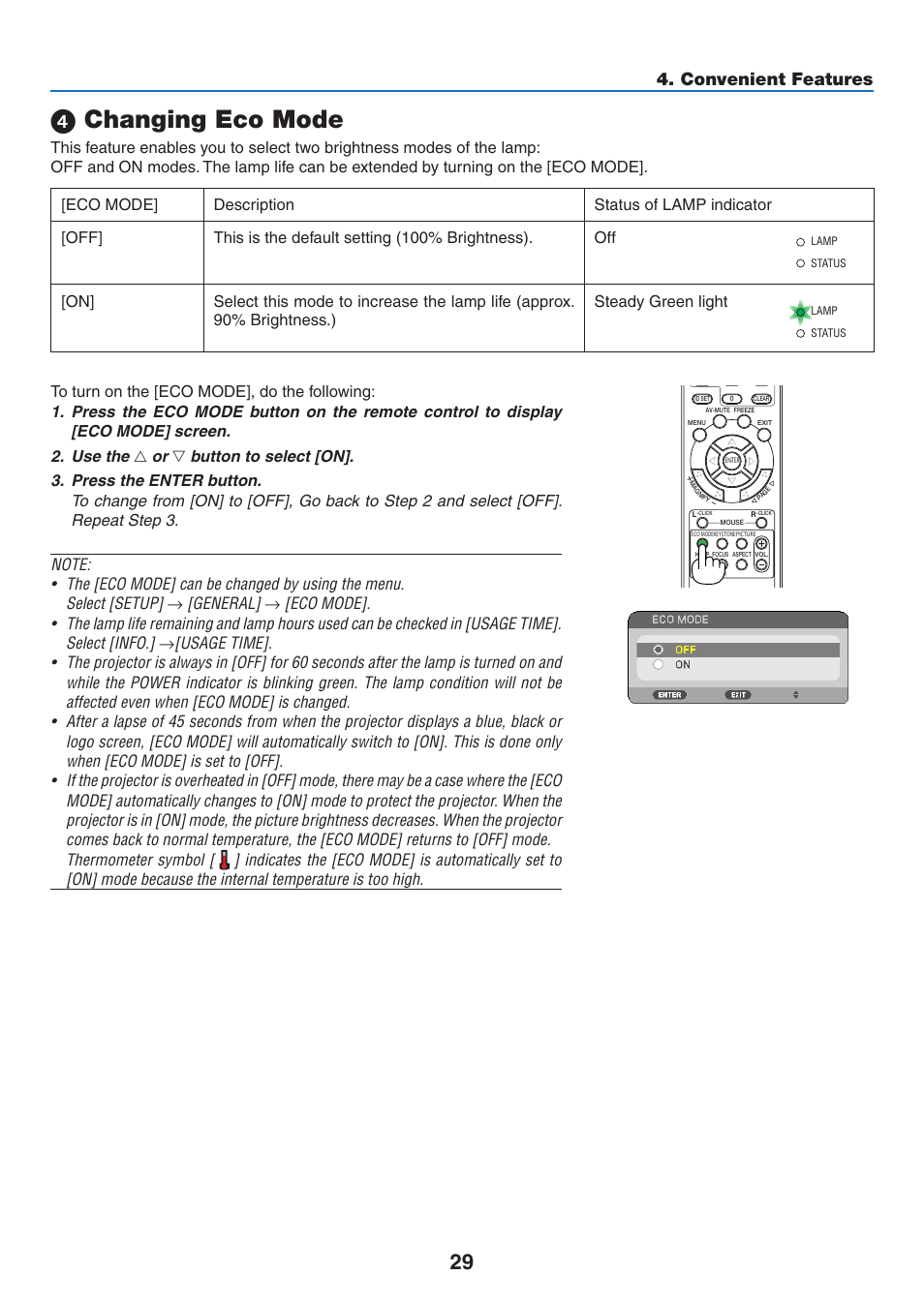 4) changing eco mode, Changing eco mode, Convenient features | NEC NP110 User Manual | Page 38 / 92