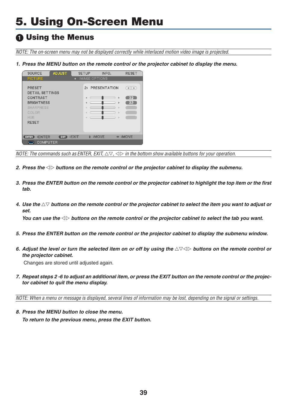 Using on-screen menu, 1) using the menus, 1 using the menus | NEC NP110 User Manual | Page 48 / 92