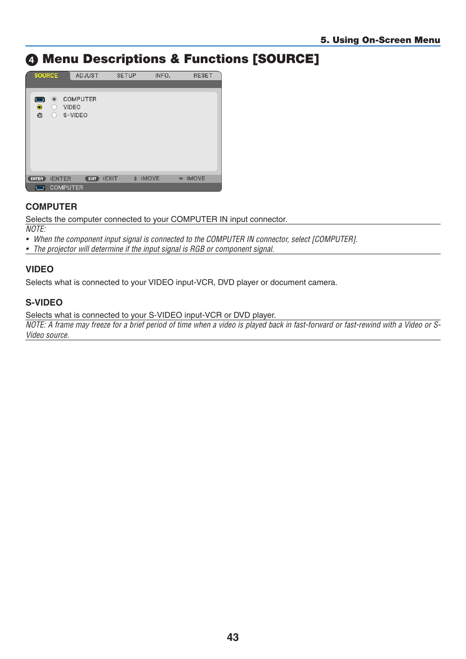 4) menu descriptions & functions [source, Menu descriptions & functions [source | NEC NP110 User Manual | Page 52 / 92