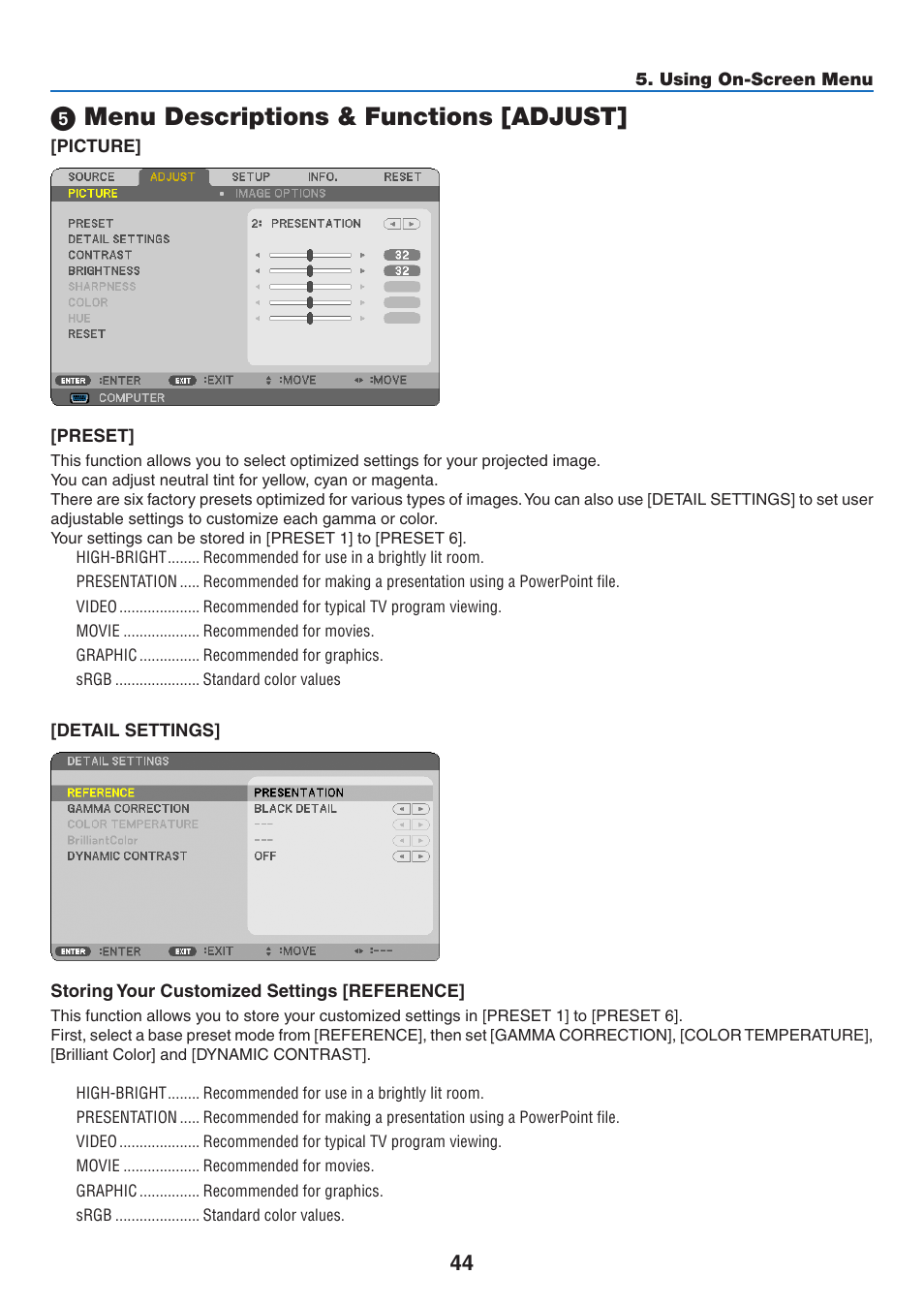 5) menu descriptions & functions [adjust, Menu descriptions & functions [adjust | NEC NP110 User Manual | Page 53 / 92