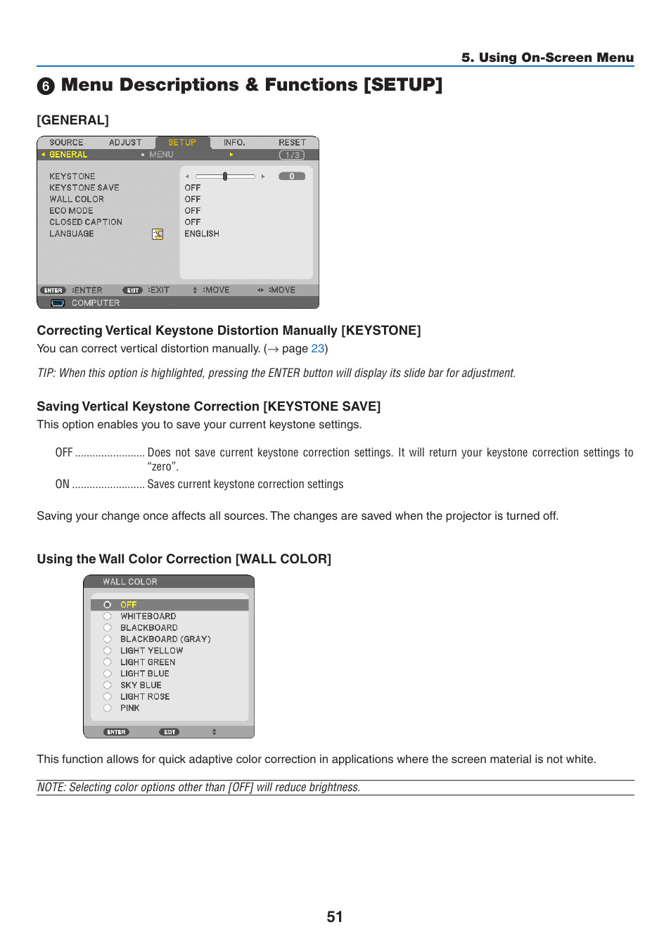 6) menu descriptions & functions [setup, Menu descriptions & functions [setup | NEC NP110 User Manual | Page 60 / 92