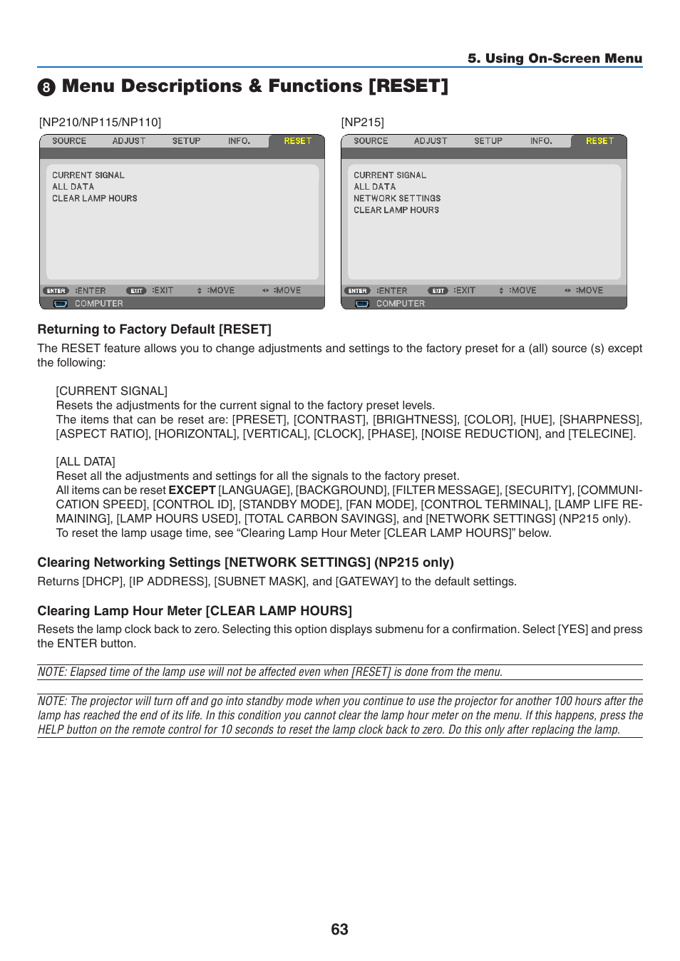 8) menu descriptions & functions [reset, Menu descriptions & functions [reset | NEC NP110 User Manual | Page 72 / 92