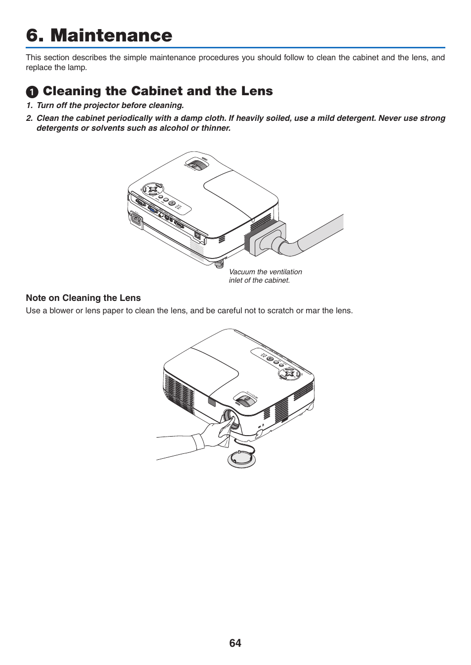 Maintenance, 1) cleaning the cabinet and the lens, 1 cleaning the cabinet and the lens | NEC NP110 User Manual | Page 73 / 92