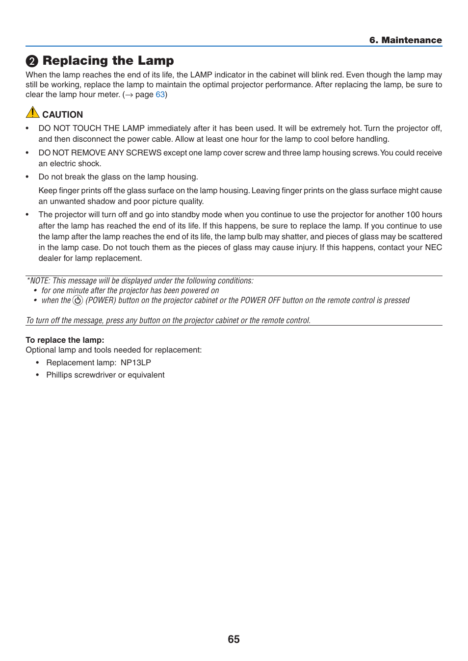 2) replacing the lamp, Replacing the lamp | NEC NP110 User Manual | Page 74 / 92