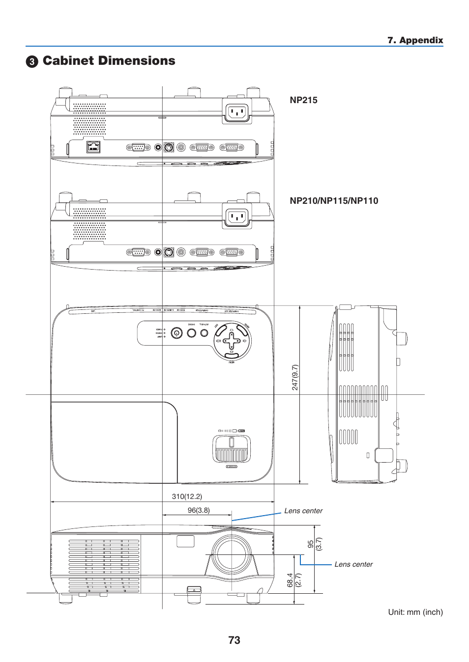 3) cabinet dimensions, Cabinet dimensions | NEC NP110 User Manual | Page 82 / 92