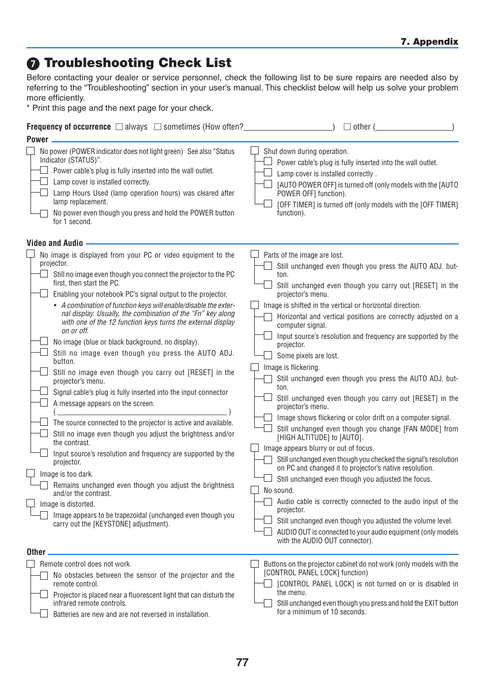 7) troubleshooting check list, 7 troubleshooting check list, Appendix | NEC NP110 User Manual | Page 86 / 92