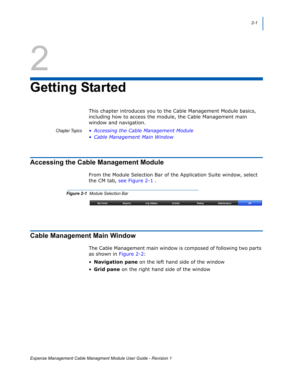 2 - getting started, Accessing the cable management module, Cable management main window | Getting started, Accessing the cable management module -1, Cable management main window -1, Module selection bar -1 | NEC NDA-31135 User Manual | Page 11 / 38