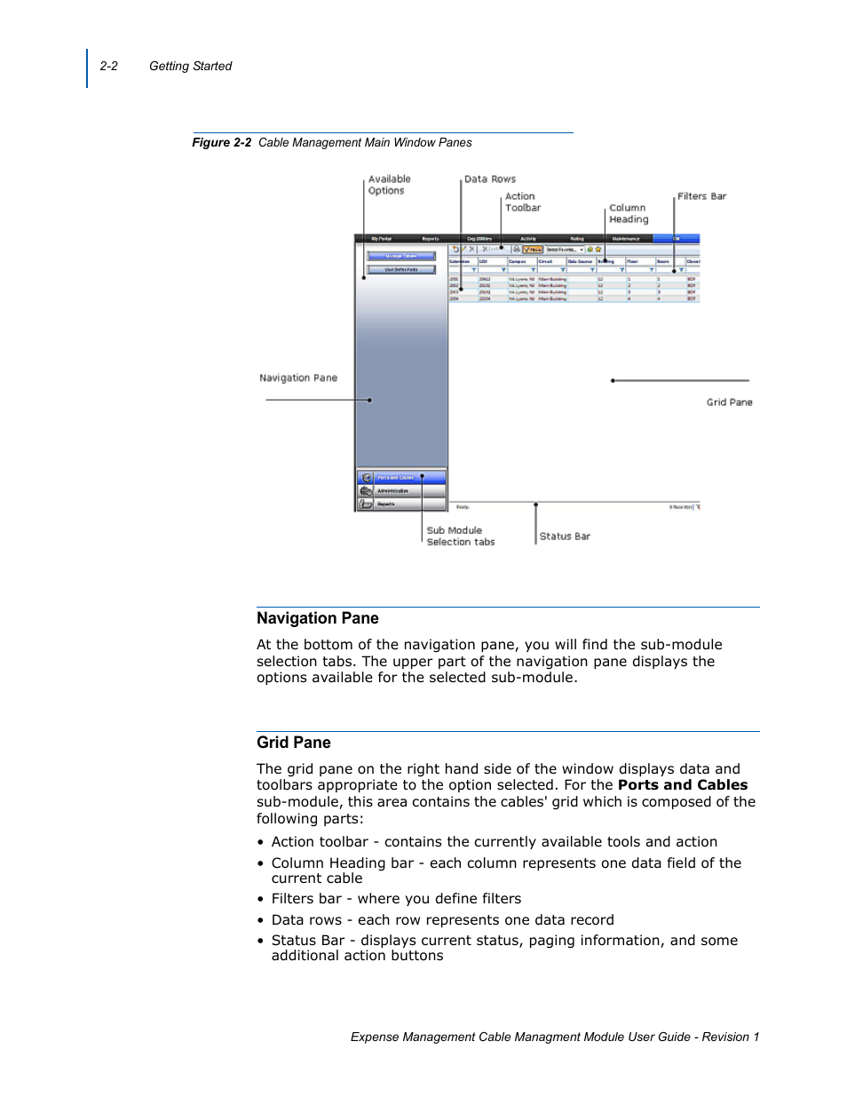 Navigation pane, Grid pane, Navigation pane -2 grid pane -2 | Cable management main window panes -2, Figure 2-2 | NEC NDA-31135 User Manual | Page 12 / 38