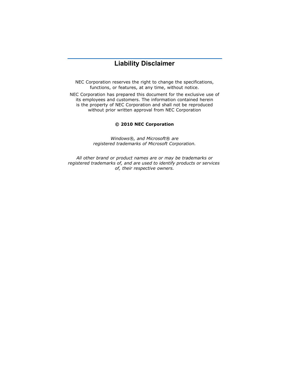 Liability disclaimer | NEC NDA-31135 User Manual | Page 2 / 38