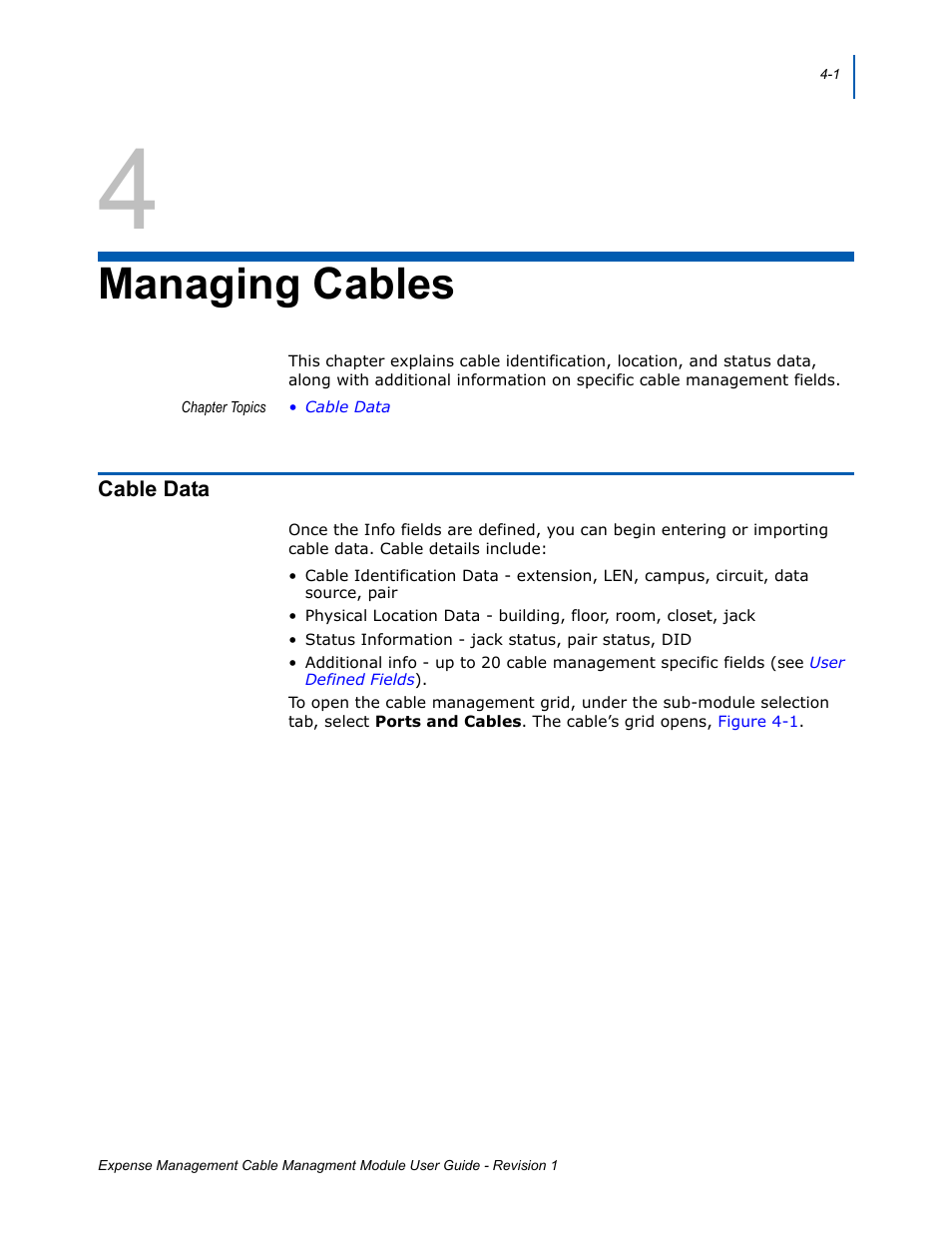 4 - managing cables, Cable data, Managing cables | Cable data -1 | NEC NDA-31135 User Manual | Page 21 / 38