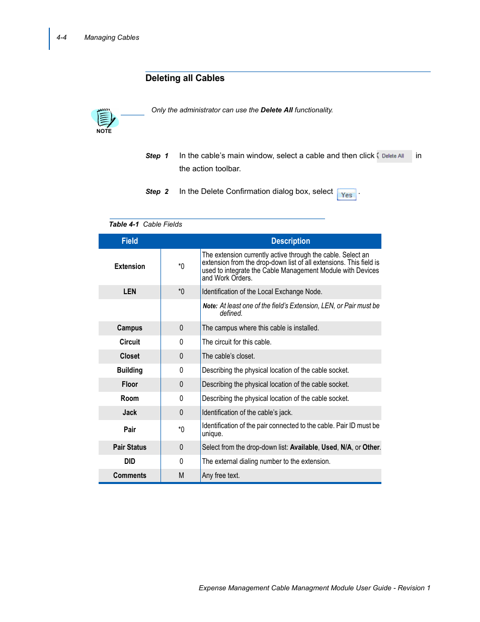 Deleting all cables, Deleting all cables -4, Cable fields -4 | NEC NDA-31135 User Manual | Page 24 / 38