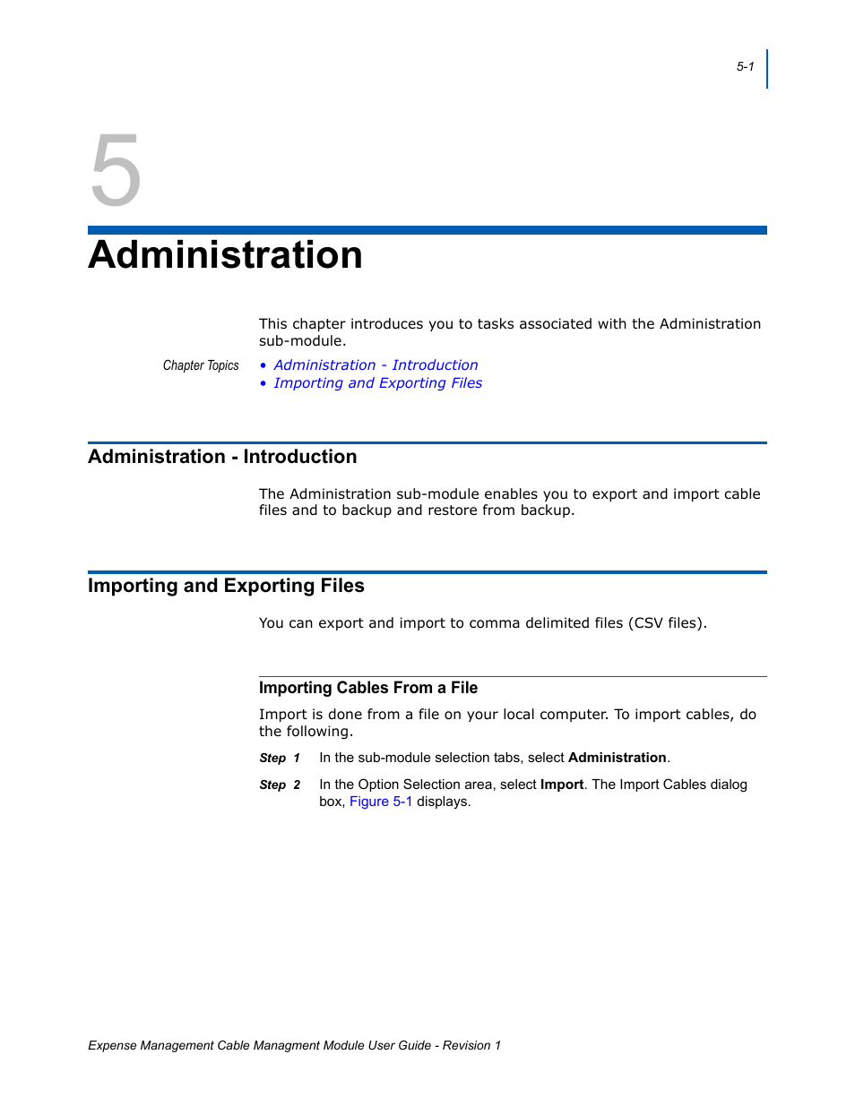 5 - administration, Administration - introduction, Importing and exporting files | Importing cables from a file, Administration, Administration - introduction -1, Importing and exporting files -1, Importing cables from a file -1 | NEC NDA-31135 User Manual | Page 25 / 38