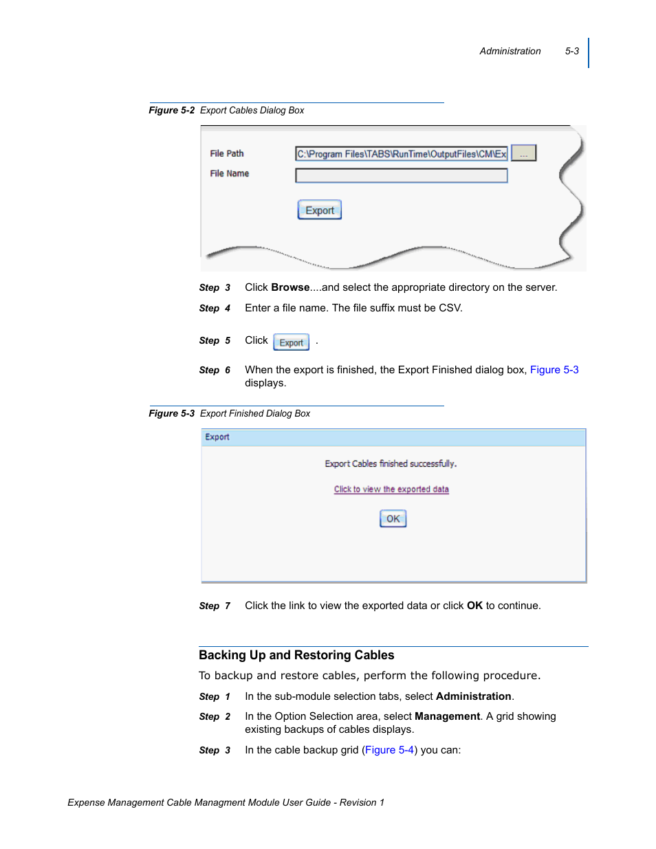 Backing up and restoring cables, Backing up and restoring cables -3, Export cables dialog box -3 | Export finished dialog box -3 | NEC NDA-31135 User Manual | Page 27 / 38
