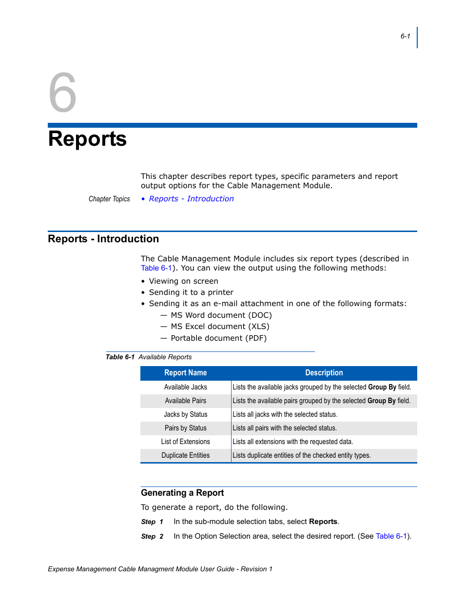 6 - reports, Reports - introduction, Generating a report | Reports, Reports - introduction -1, Generating a report -1, Available reports -1 | NEC NDA-31135 User Manual | Page 29 / 38